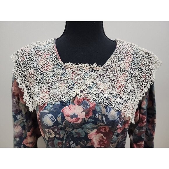 VTG LAURA ASHLEY UK-MADE FLORAL Wool DRESS LACE COLLAR Cottage Core Size 12 - Picture 5 of 11